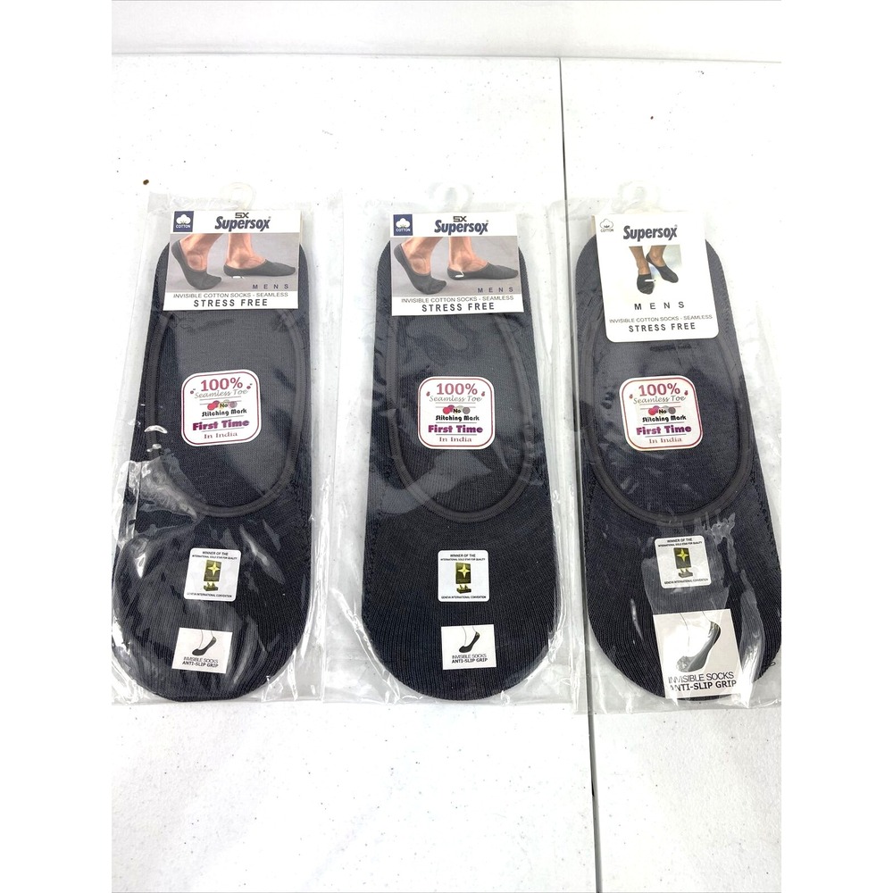 Supersox Lot Of 3‎ Mens Gray Medium Invisible Cotton Socks Seamless 8-10